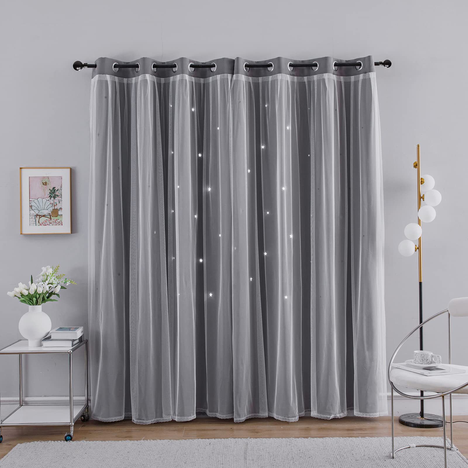 Double curtains hollowed out stars bedroom living room blackout through rod perforated short curtains