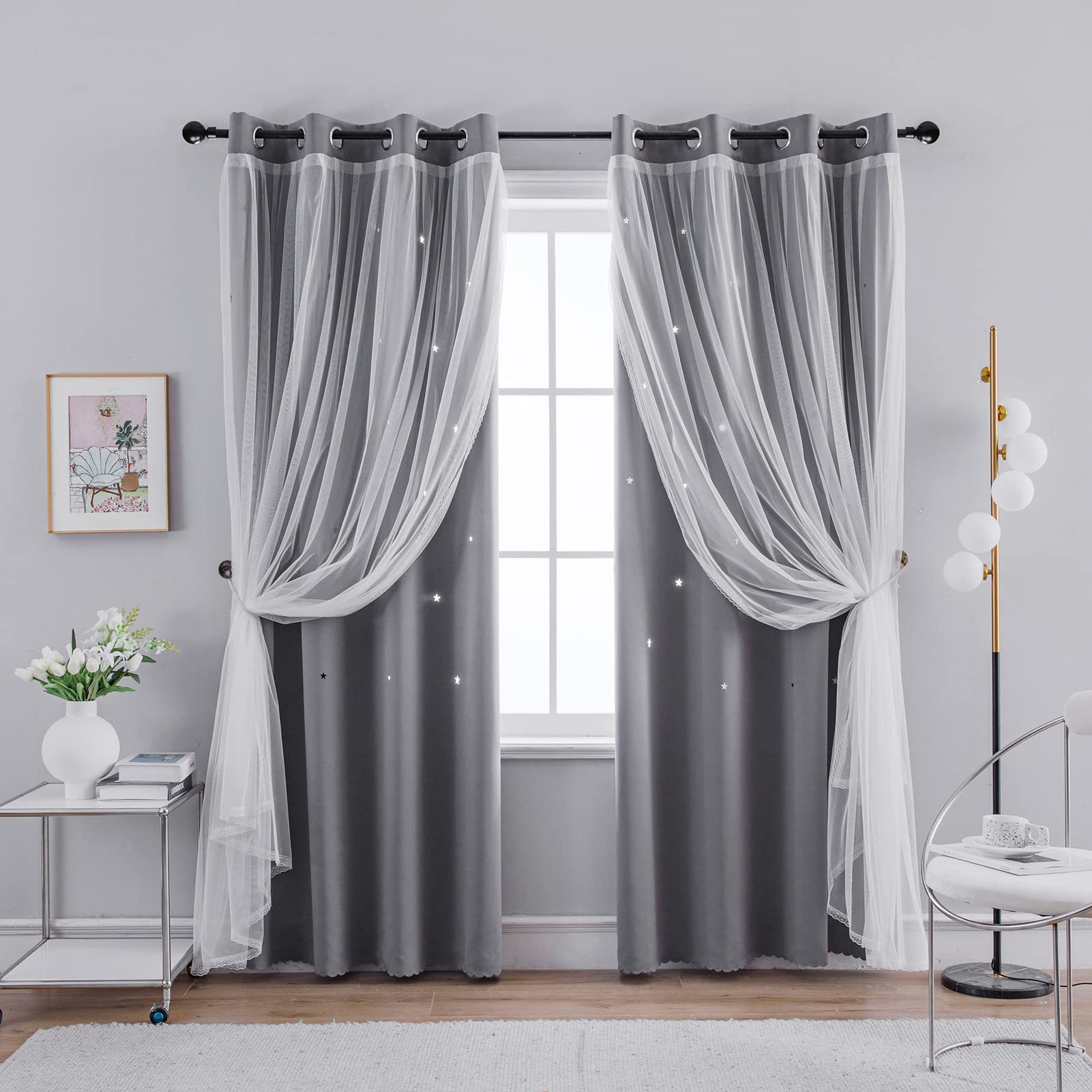 Double curtains hollowed out stars bedroom living room blackout through rod perforated short curtains